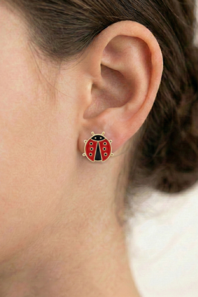 925 Ayar Klipsli Kırmızı Uğur Böceği Figürlü Minimal Küpe