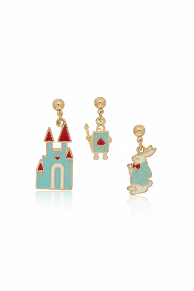 925 Ayar Klipsli Üçlü Alice Harikalar Diyarında Küpe Seti