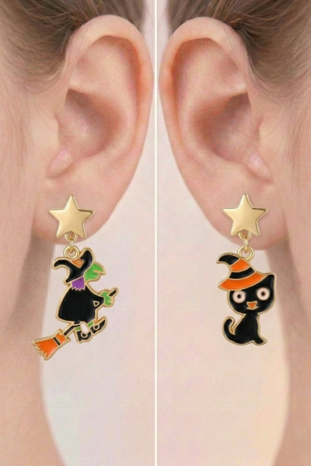 925 Ayar Klipsli Asimetrik Cadı ve Şapkalı Kara Kedi Küpe