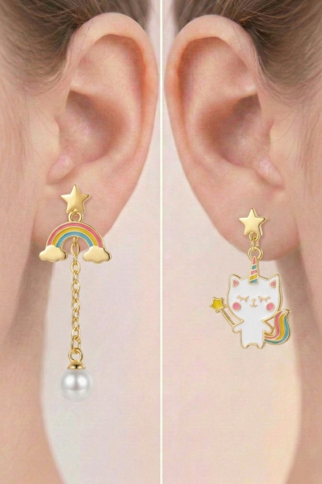 925 Ayar Klipsli Asimetrik İnci Detaylı Unicorn Kedi ve Gökkuşağı Küpe