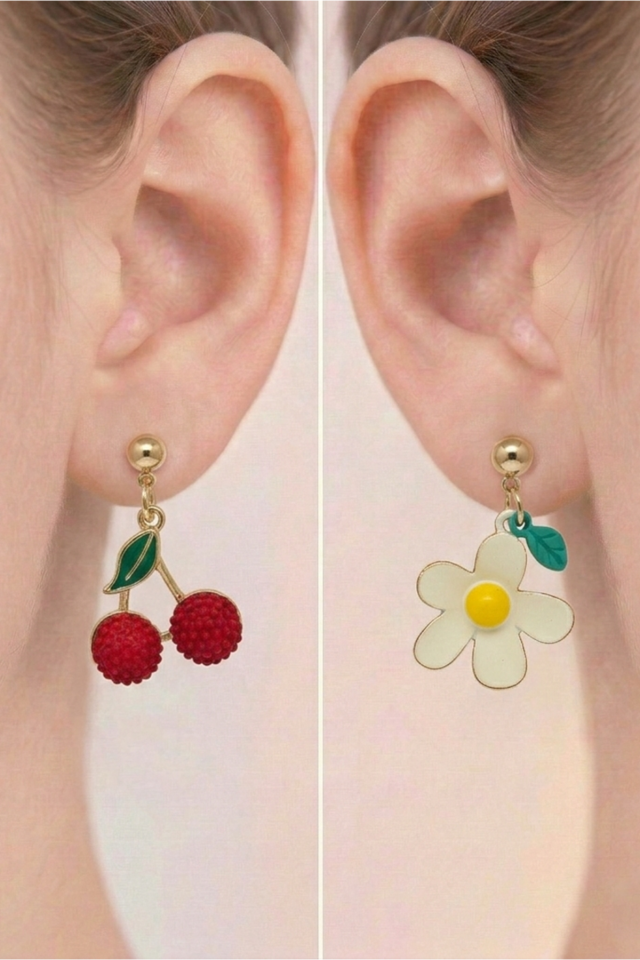 925 Ayar Gümüş Klipsli Kiraz ve Papatya Figürlü Asimetrik Küpe