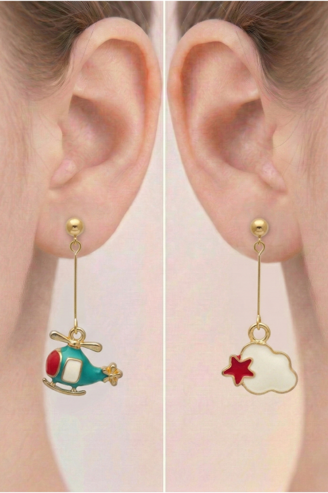 925 Ayar Gümüş Klipsli Helikopter ve Bulut Figürlü Asimetrik Küpe