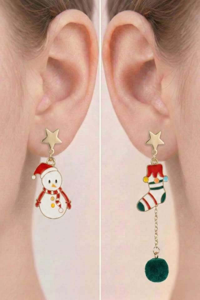 925 Ayar Gümüş Klipsli Kardan Adam ve Yılbaşı Çorabı Figürlü Küpe