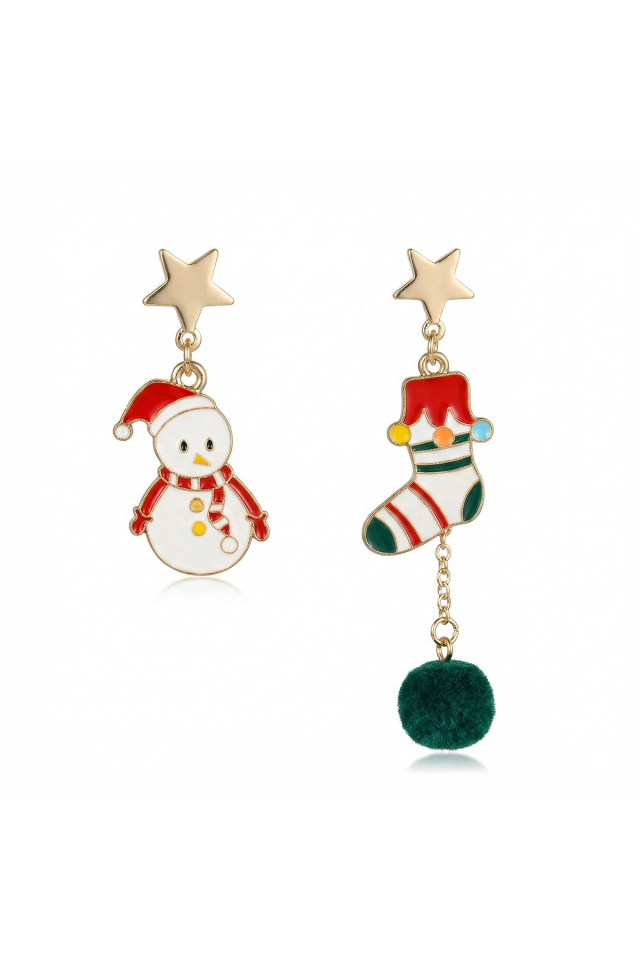 925 Ayar Gümüş Klipsli Kardan Adam ve Yılbaşı Çorabı Figürlü Küpe