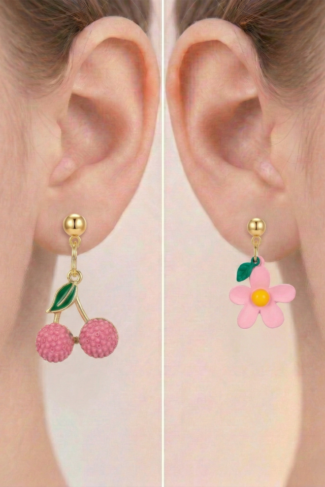 925 Ayar Gümüş Klipsli Pembe Kiraz ve Bahar Çiçeği Figürlü Küpe