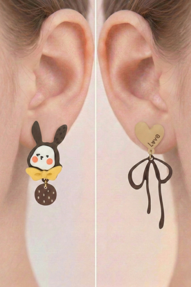 925 Ayar Gümüş Klipsli Tavşan ve Love Yazılı Kalp Figürlü Küpe