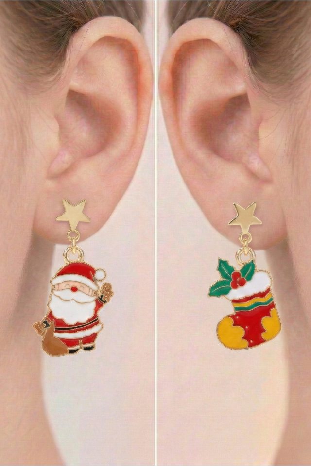 925 Ayar Gümüş Klipsli Noel Baba ve Yılbaşı Çorabı Figürlü Küpe