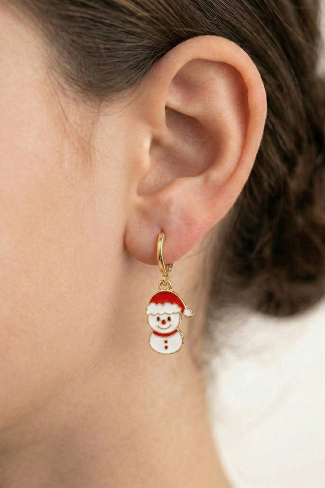 925 Ayar Gümüş Klipsli Kardan Adam Figürlü Halka Küpe