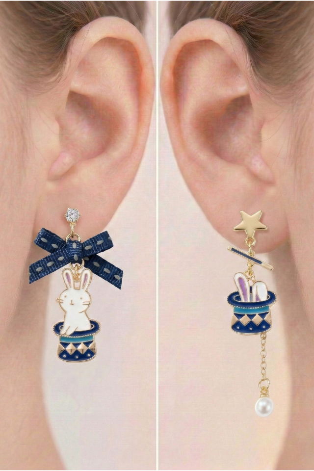 925 Ayar Gümüş Klipsli Sihirbaz Tavşanı ve Şapka Figürlü Asimetrik Küpe