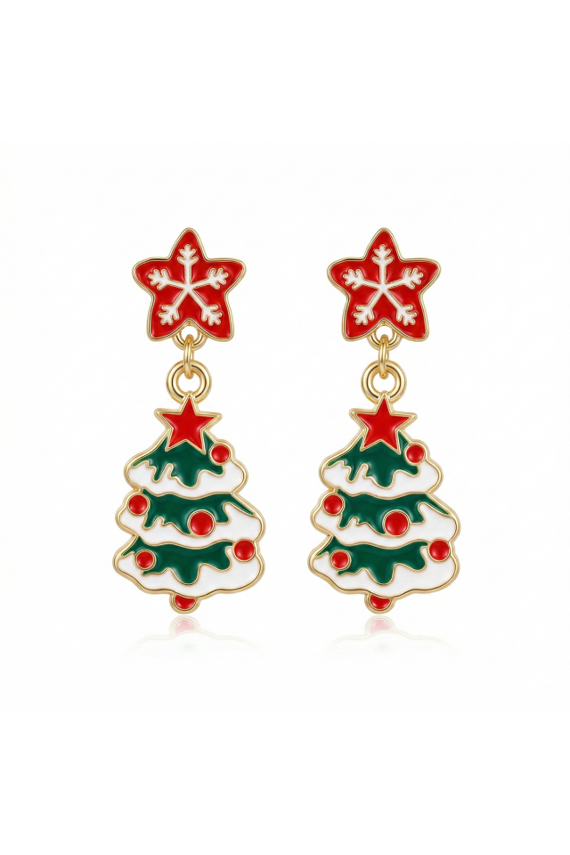 925 Ayar Gümüş Klipsli Yılbaşı Çam Ağacı ve Kar Tanesi Figürlü Küpe