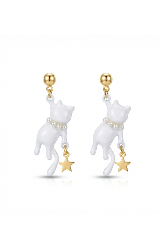 925 Ayar Gümüş Klipsli İnci Kolyeli Beyaz Kedi ve Yıldız Figürlü Küpe
