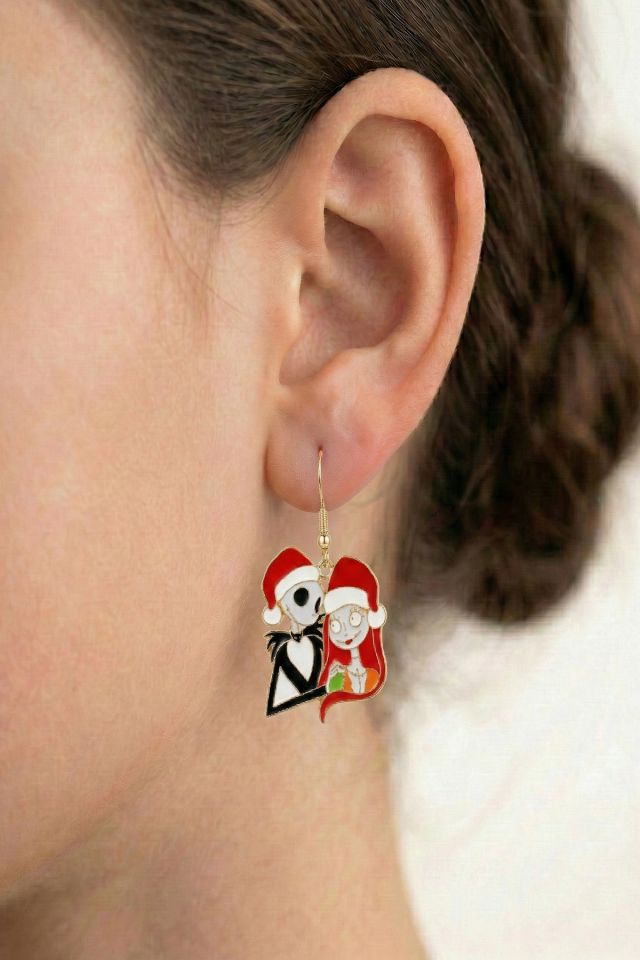 925 Ayar Gümüş Klipsli Jack ve Sally Figürlü Yılbaşı Temalı Küpe