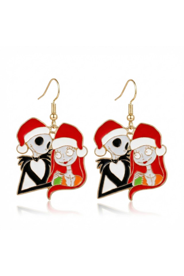 925 Ayar Gümüş Klipsli Jack ve Sally Figürlü Yılbaşı Temalı Küpe