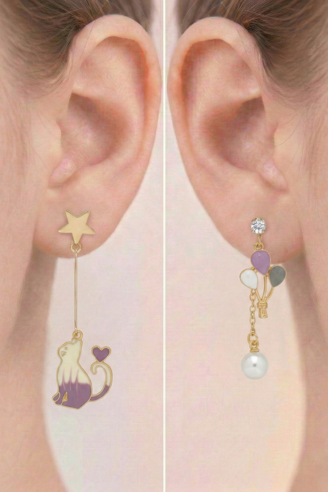 925 Ayar Gümüş Klipsli Mor Kedi ve Balon Figürlü İncili Asimetrik Küpe