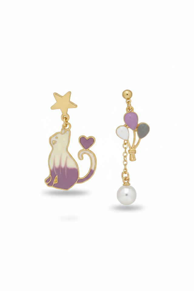 925 Ayar Gümüş Klipsli Mor Kedi ve Balon Figürlü İncili Asimetrik Küpe