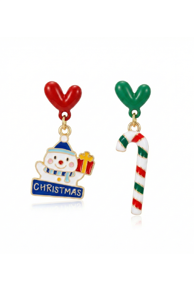 925 Ayar Gümüş Klipsli Kardan Adam ve Baston Şekerli Asimetrik Küpe