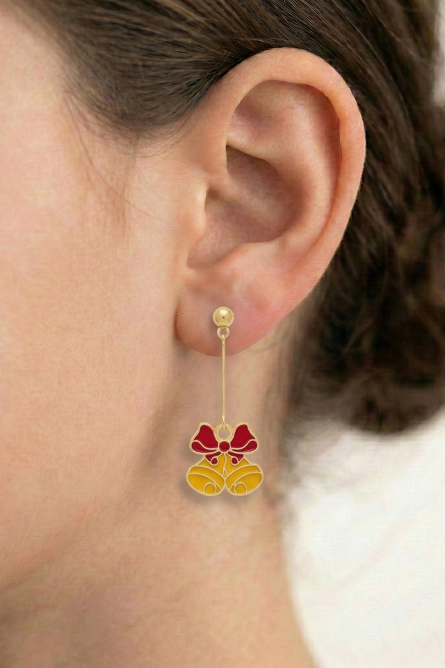 925 Ayar Gümüş Klipsli Yılbaşı Çanları ve Kırmızı Fiyonk Figürlü Küpe