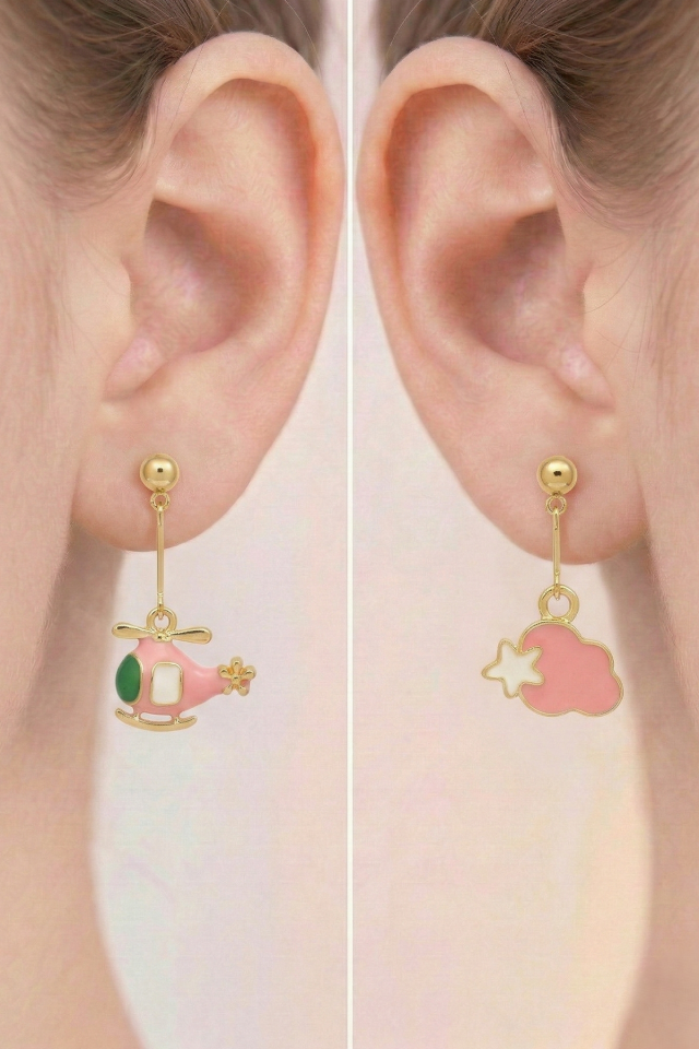 925 Ayar Gümüş Klipsli Pembe Helikopter ve Yıldızlı Bulut Figürlü Küpe