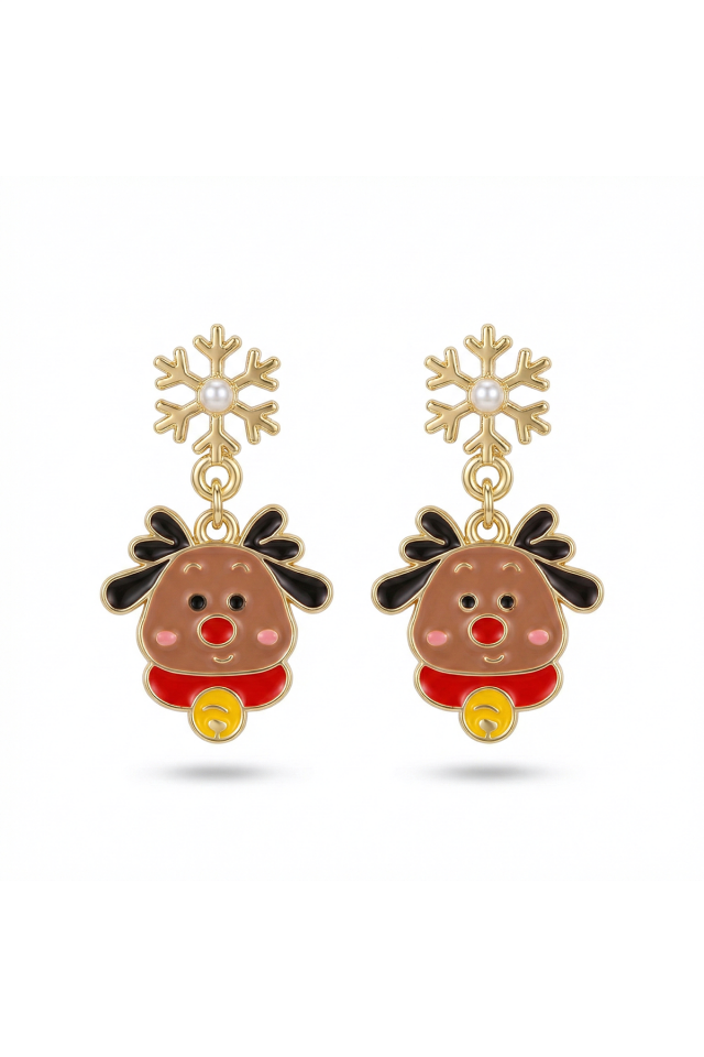 925 Ayar Gümüş Klipsli Yılbaşı Geyiği ve Kar Tanesi Detaylı Küpe