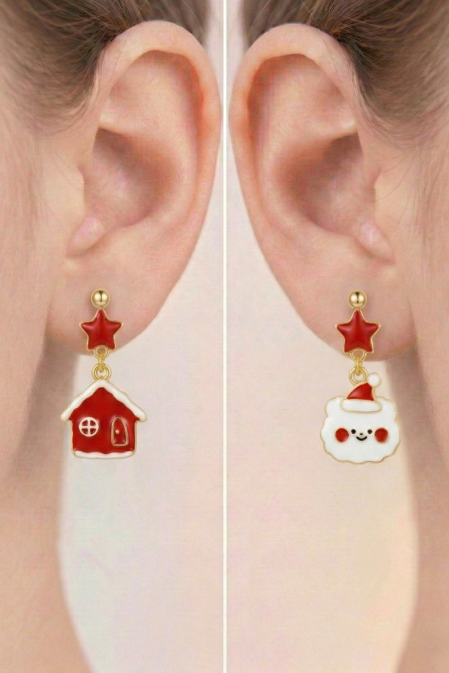 925 Ayar Gümüş Klipsli Noel Evi ve Noel Baba Figürlü Küpe