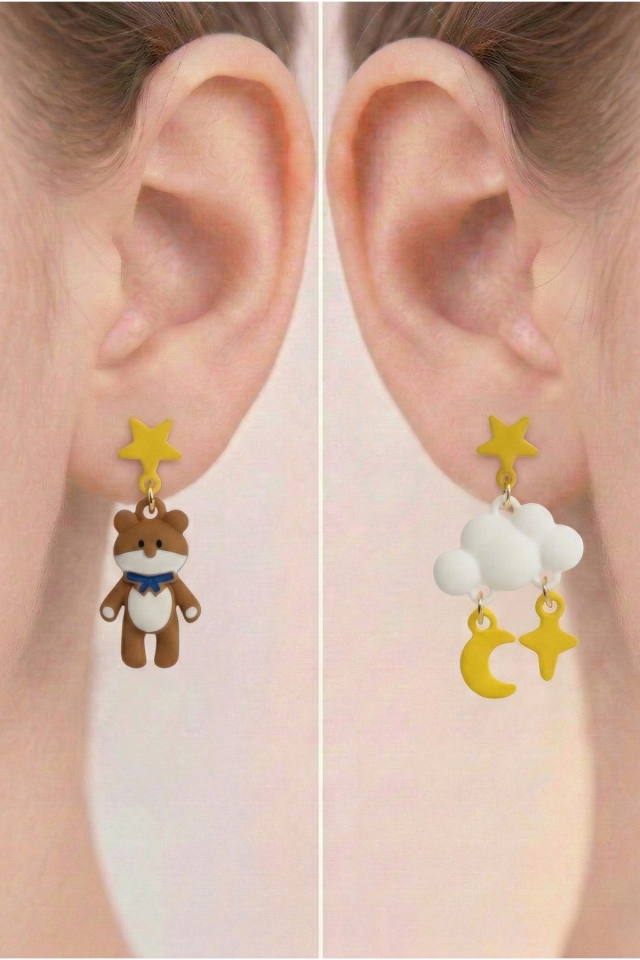 925 Ayar Gümüş Klipsli Ayıcık ve Bulut Figürlü Asimetrik Çocuk Küpesi