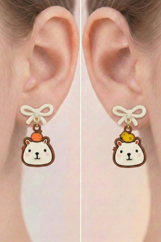 925 Ayar Gümüş Klipsli Fiyonklu Ayıcık ve Civciv Figürlü Çocuk Küpesi