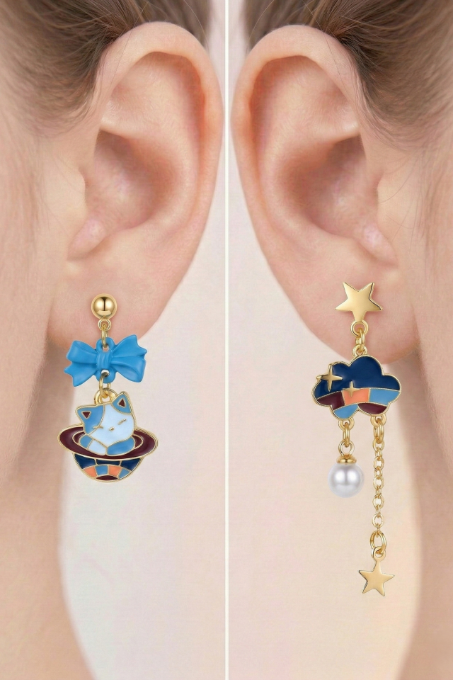 925 Ayar Gümüş Klipsli Mavi Fiyonklu Kedi ve İnci Detaylı Bulut Küpe