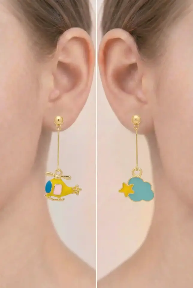 925 Ayar Gümüş Klipsli Helikopter ve Yıldızlı Bulut Figürlü Çocuk Küpesi