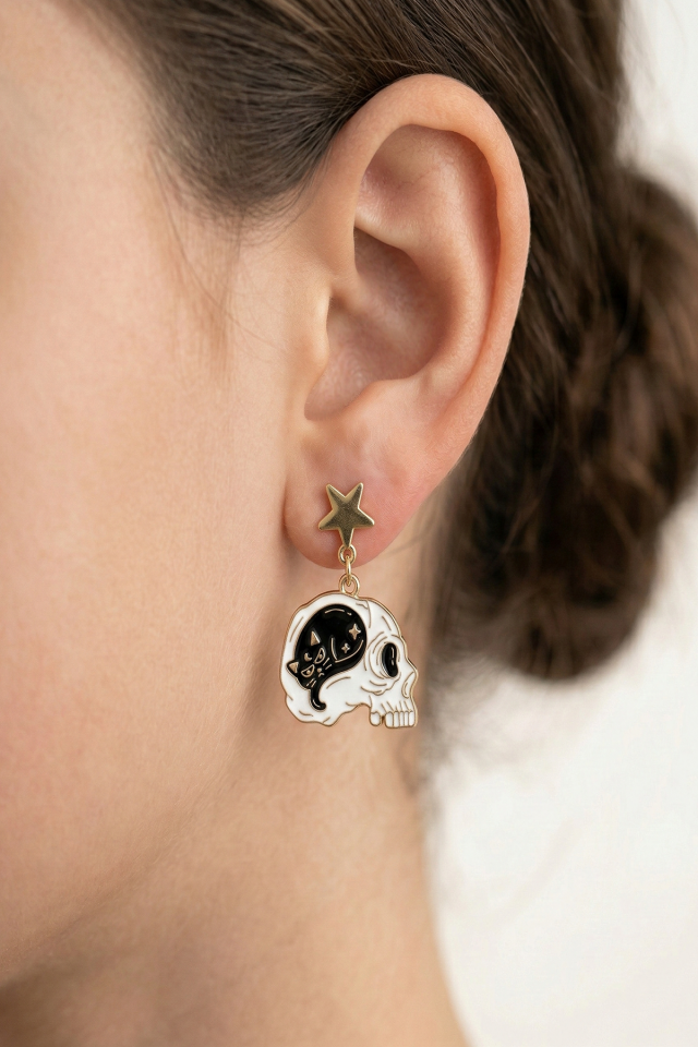 925 Ayar Gümüş Klipsli Kurukafa ve Kedi Figürlü Gotik Çocuk Küpesi