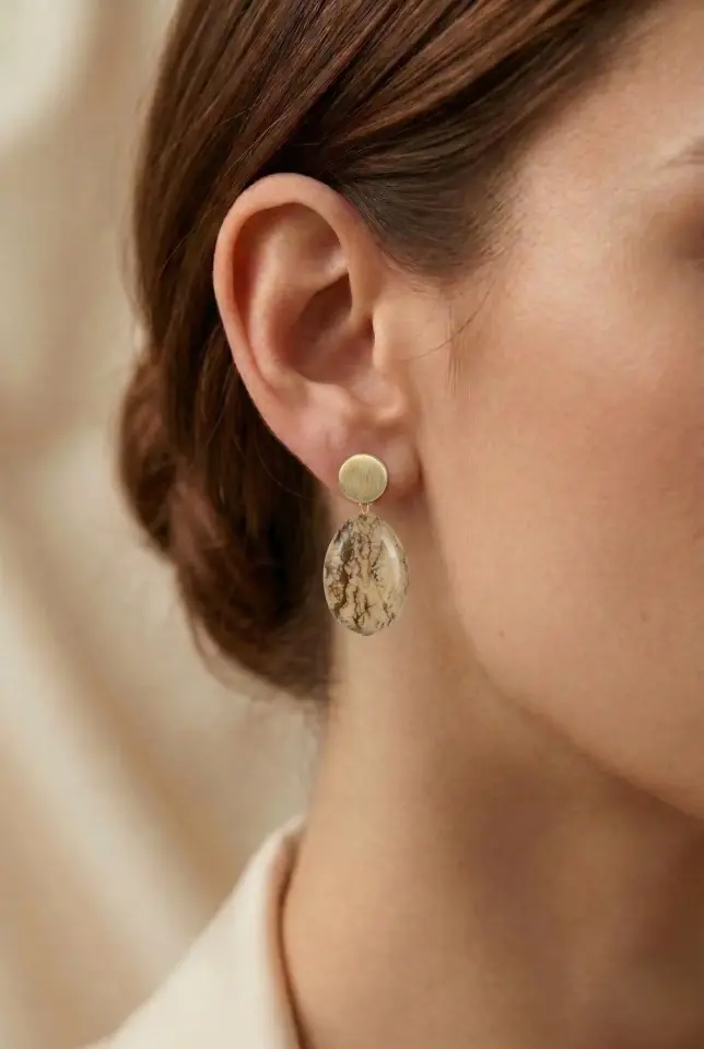 Bohem Doğal Taşlı El Yapımı Oval Kadın Butik Küpe – Jasper Desenli