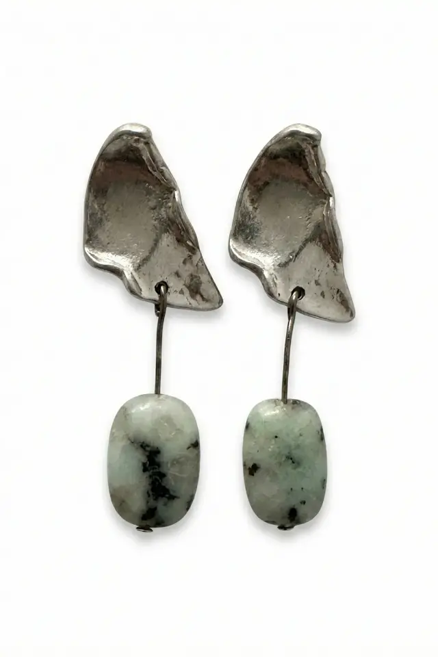 El Yapımı Doğal Taşlı Etnik Gümüş Kaplama Sallantılı Kadın Butik Küpe