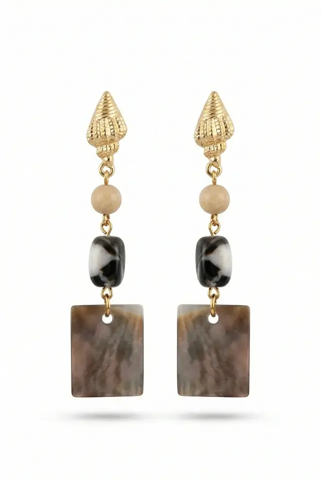 Deniz Kabuğu Detaylı Kare Doğal Taşlı El Yapımı Sallantılı Kadın Butik Küpe