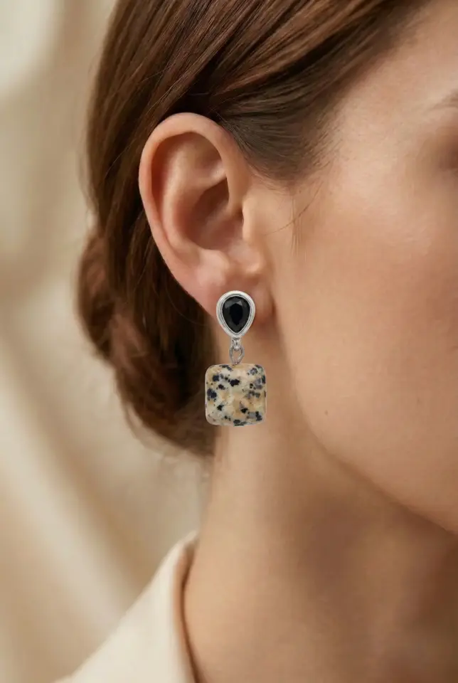 Doğal Taş El Yapımı Gümüş Kaplama Kadın Butik Küpe