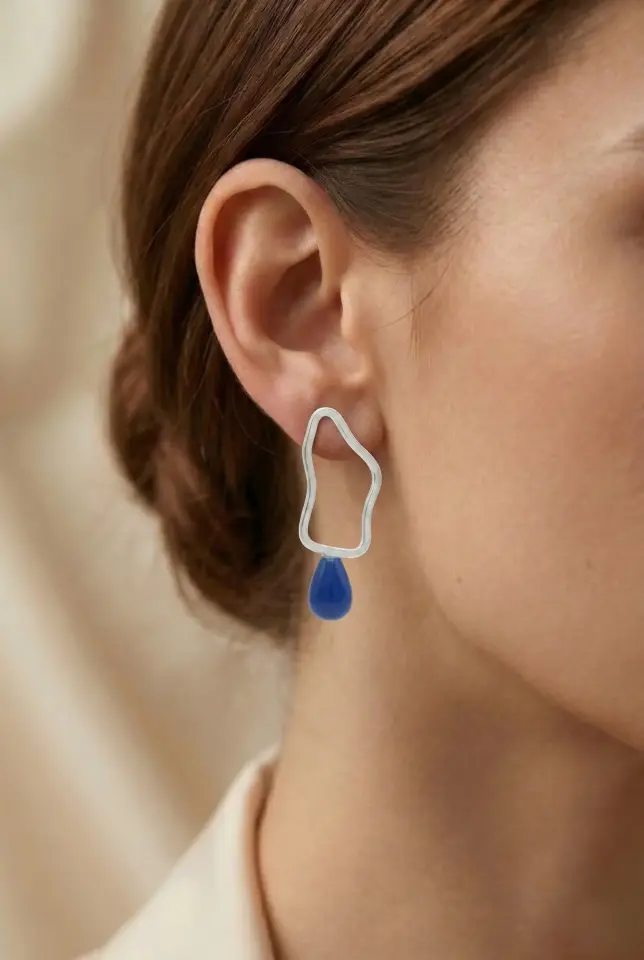 Saks Mavisi Doğal Damla Taşlı El Yapımı Kadın Butik Küpe