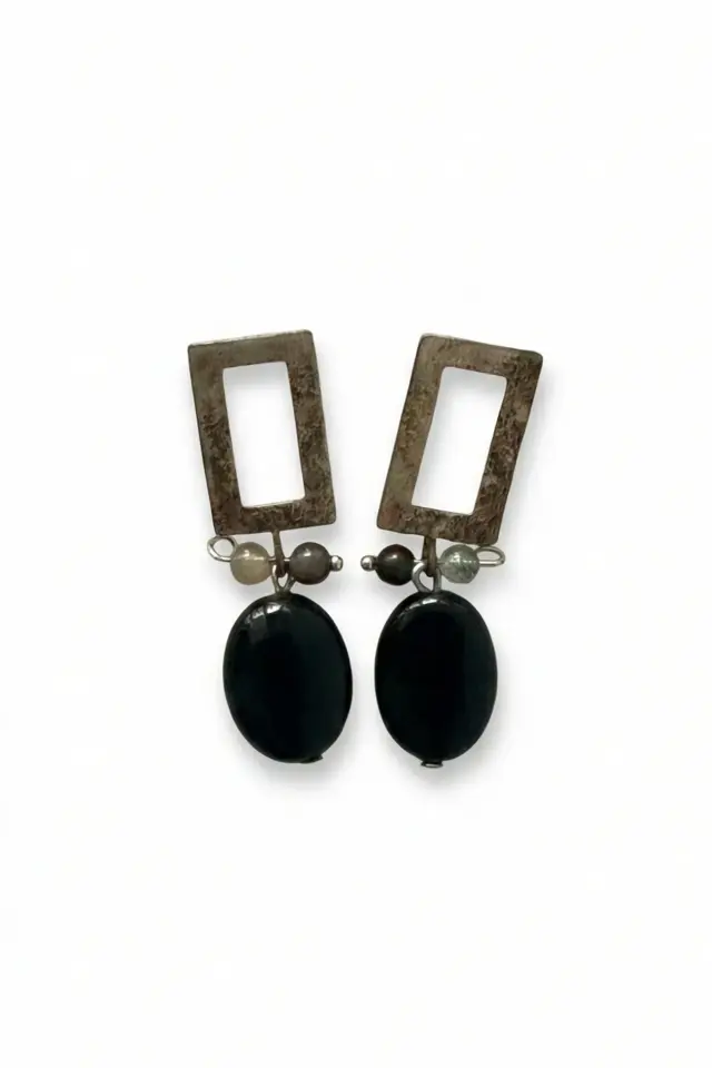 Siyah Oniks Doğal Taşlı Etnik El Yapımı Kadın Butik Küpe