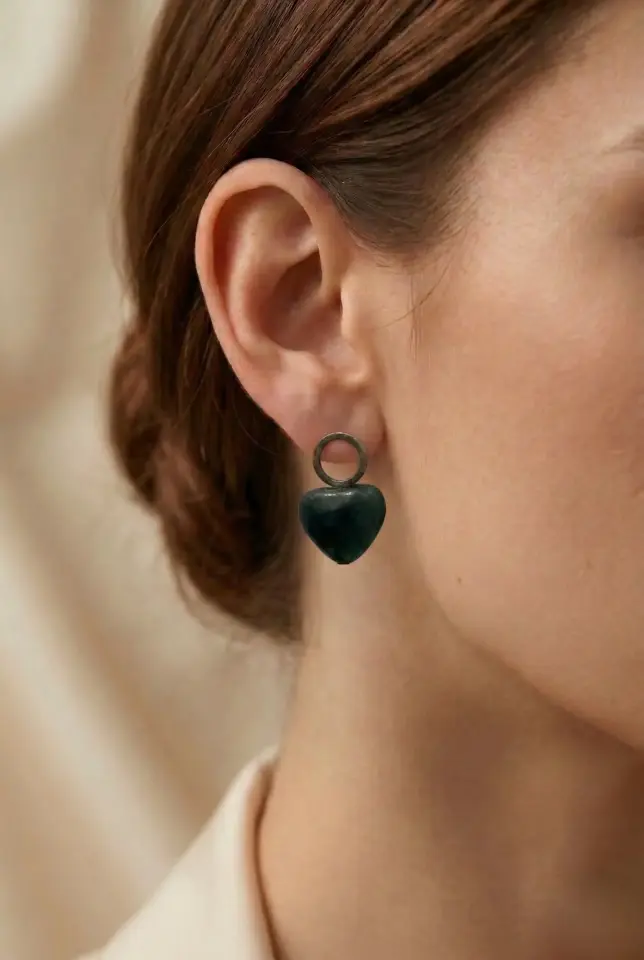 Antik Halkalı Kalp Formlu Yeşil Doğal Taşlı El Yapımı Kadın Butik Küpe