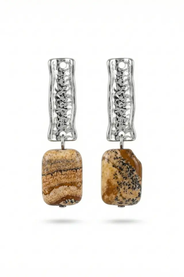 El Yapımı Doğal Taşlı Etnik Gümüş Kaplama Sallantılı Kadın Butik Küpe