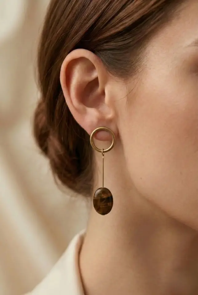 Altın Kaplama Halka Detaylı Oval Kaplan Gözü Doğal Taş Kadın Butik Küpe