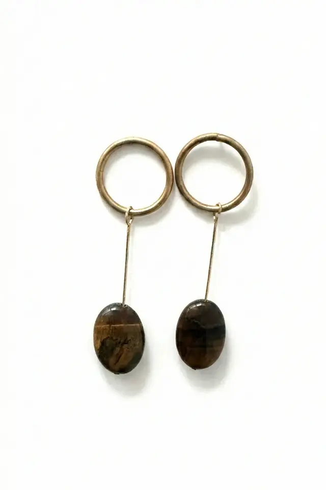 Altın Kaplama Halka Detaylı Oval Kaplan Gözü Doğal Taş Kadın Butik Küpe