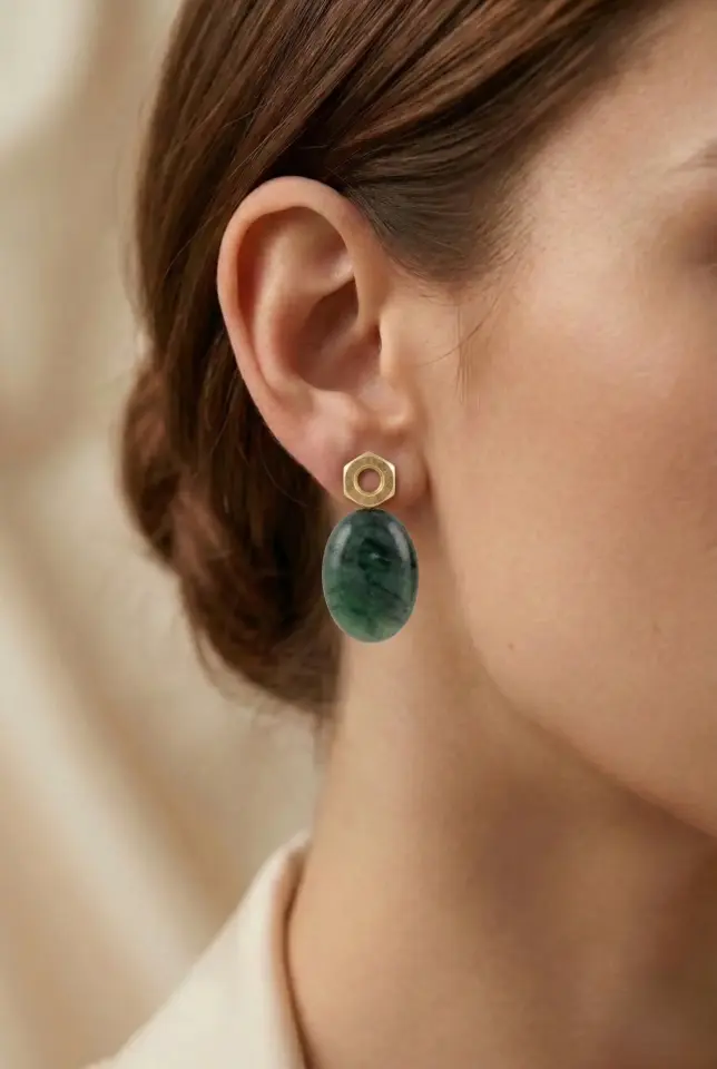 Bohem Doğal Taşlı El Yapımı Oval Kadın Butik Küpe