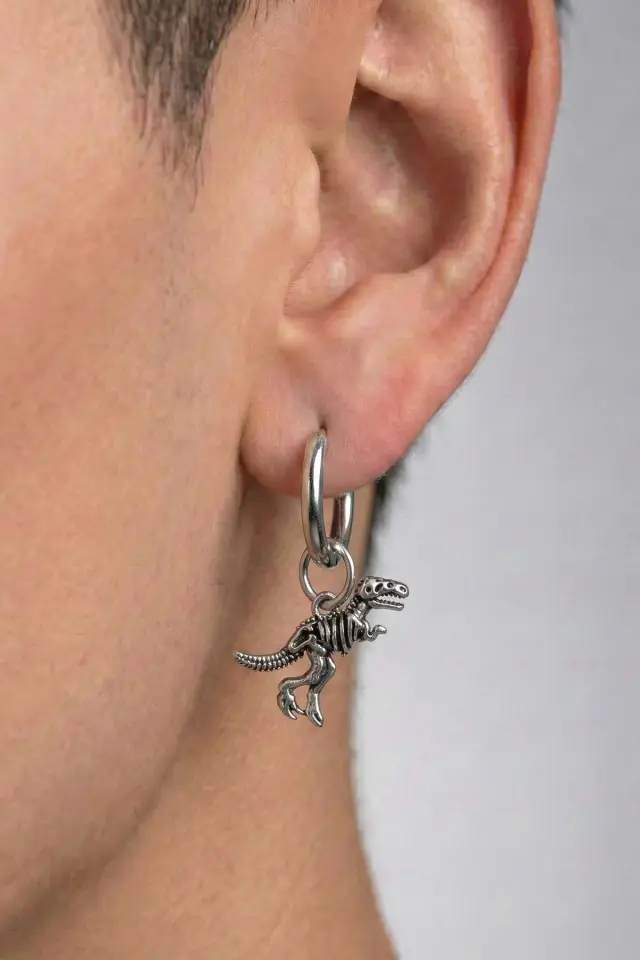 Gümüş Renk T-Rex Dinozor İskeleti Sallantılı Halka Çelik Küpe