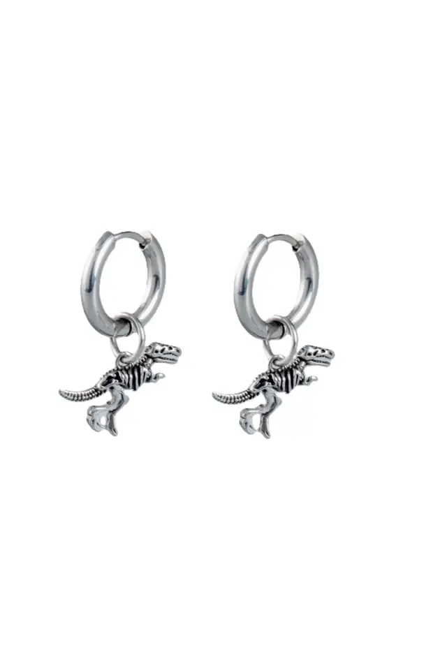 Gümüş Renk T-Rex Dinozor İskeleti Sallantılı Halka Çelik Küpe