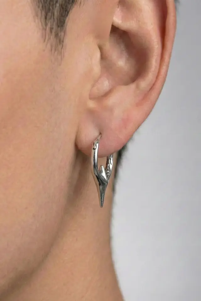 Antik Desenli Gümüş Renk 316L Paslanmaz Çelik  Gotik Sivri Uç Halka Küpe