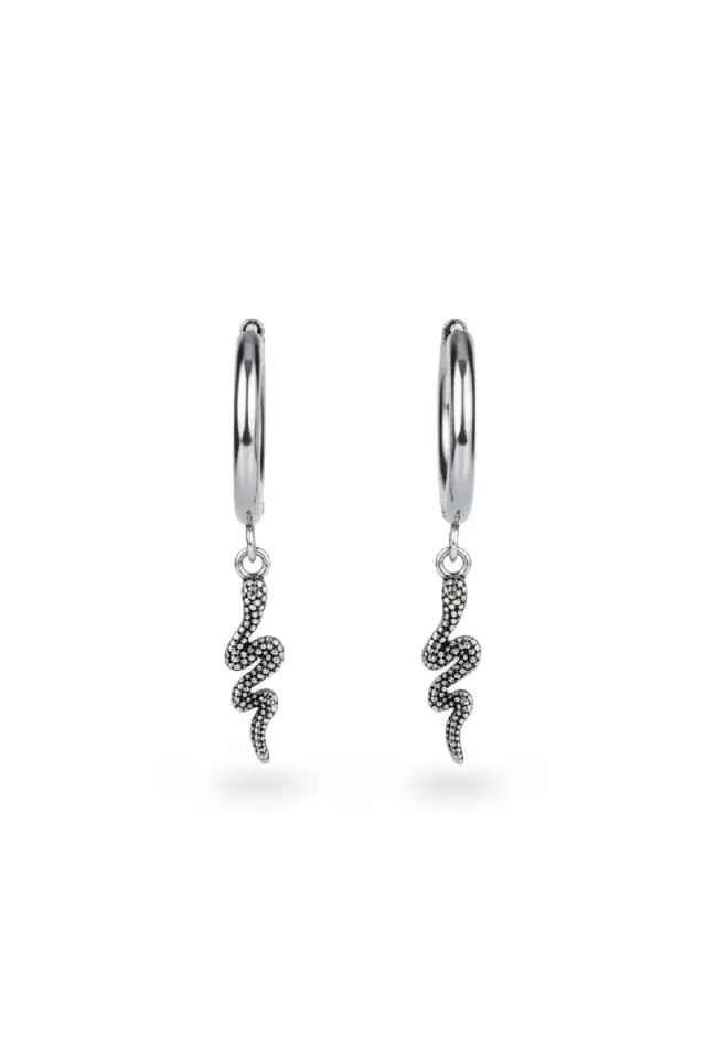 Sallantılı Yılan Figürlü Gümüş Renk 316L Paslanmaz Çelik Erkek Halka Küpe