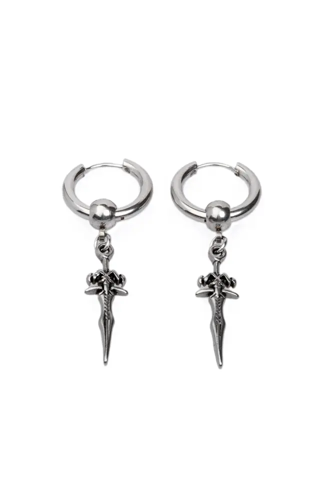 Sallantılı Kılıç Figürlü Antik Gümüş Renk 316L Paslanmaz Çelik Erkek Gotik Küpe