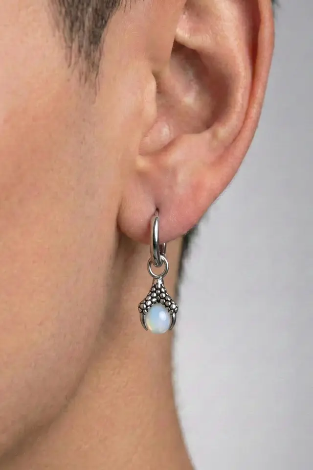 Sallantılı Ejderha Pençesi Mavi Taşlı 316L Paslanmaz Çelik Erkek Küpe