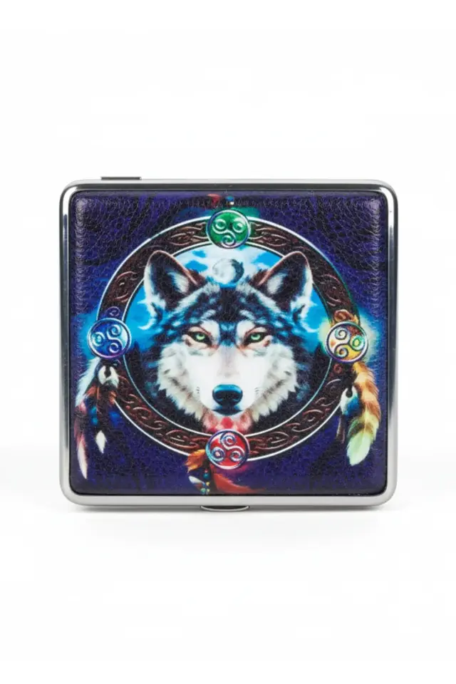 Mistik Kurt ve Dolunay Desenli Etnik Metal Sigara Tabakası