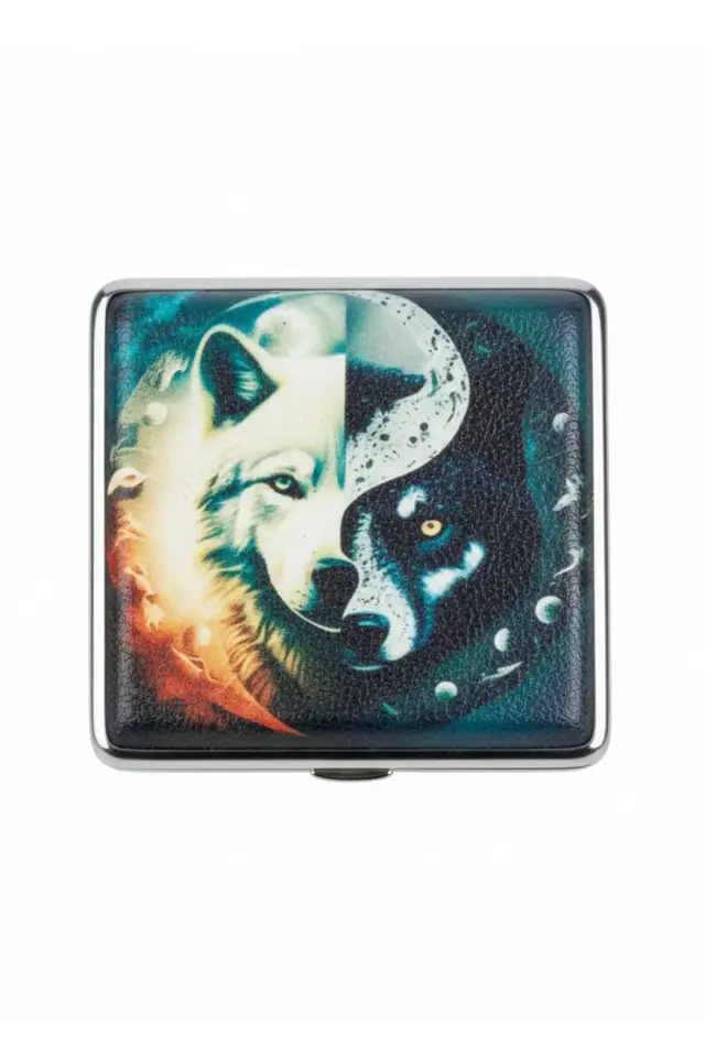 Yin Yang Kurt Desenli Mistik Çift Taraflı Deri Baskılı Metal Sigara Tabakası