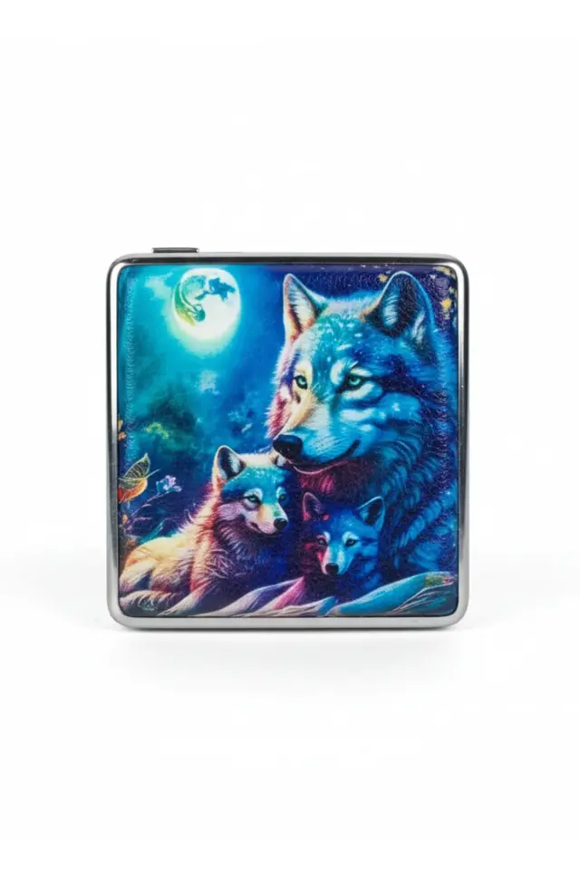Dolunay Altında Kurt Ailesi Desenli Metal Sigara Tabakası