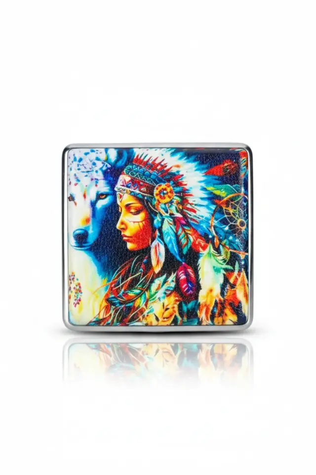 Native Kızılderili Kadın ve Mistik Kurt Desenli Metal Sigara Tabakası